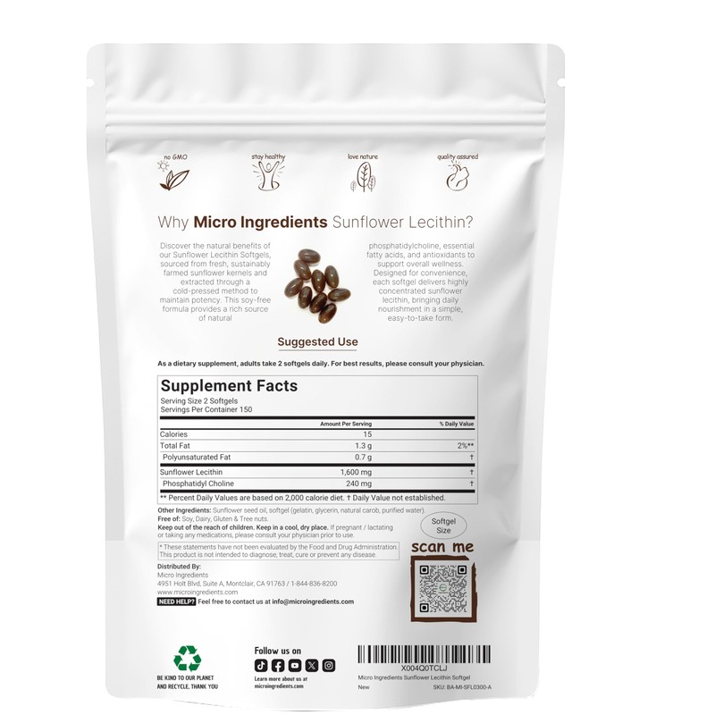 Micro Ingredients Sunflower Lecithin 1,600mg Per Serving, 300 Softgels |