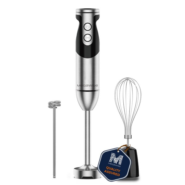 MegaWise Pro Titanium Reinforced 3-in-1 Immersion Hand Blender, Powerful Copper Motor with 80% Sharper Blades, 12-Speed Corded Blender, Including Dish Washer Safe Whisk and Milk Frother