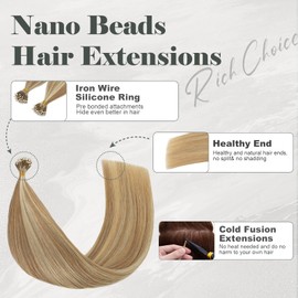 Rich Choices Nano Hair Extensions Real Human Hair Golden Brown mix Bleach Blonde 18 Inch 50 Strand/Pack Straight Remy Human Hair Nano Ring Hair Extensions Nano Beads Hair Extensions