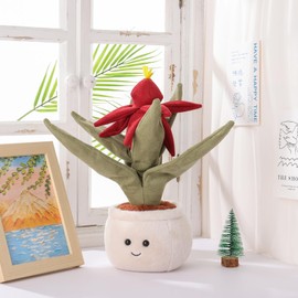 Apricot Lamb Flower Plant Red Vriesea Bromeliad Plant Plush Toys for Children, Soft Cute Cuddly Toy for Baby Girls and Boys, Fluffy Flower Plant with Chinese Happiness, Green, 31 cm