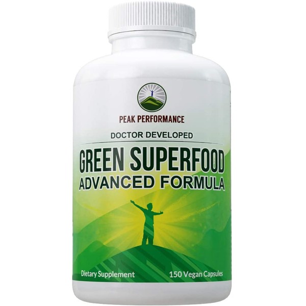 Super Greens 150 Capsules - Green Juice Superfood Supplement with 25 All Natural Organic Ingredients. Max Energy and Detox Super Food Pills with Spirulina, Spinach, Kale, Turmeric, Probiotics
