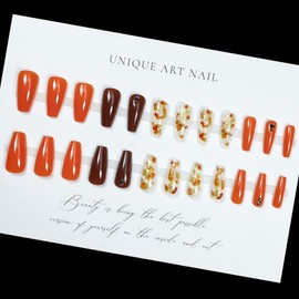 Fall Press on Nails Medium Square False Nails with Maple Leaf Gold Foil Design Full Cover Dark Red Fake Nails Glossy Orange Stick on Nail Reusable Holiday Glue on Nail for Women Girls Manicure 24Pcs