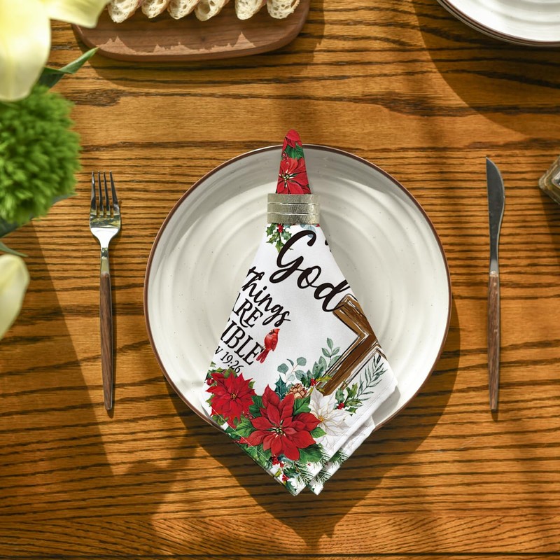 Horaldaily Christmas Cloth Napkins 18 x 18 Inch, Holy Crucifix