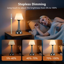 TRRMEZY Shower Waterproof Cordless Table Lamp Outdoor Lamp Battery Operated Rechargeable, 3 Color Touch Stepless Dimming for Bathroom, Outdoor, Camping, Patio