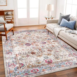 CHAMPLANT Area Rug 6'x9' Washable Rug Light Vintage Rug Traditional Floor Cover Thin Rug Retro Kitchen Indoor Distressed Non Slip Carpet Floral Print Mat Living Room Bedroom Dining Room