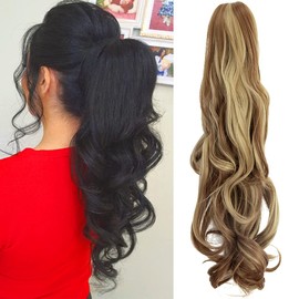 OMGREAT Ponytail Extension 18" Long Straight Curly Claw Ponytail Hair Extension One Piece Clip in on Ponytail Synthetic Hairpieces Curly Ash Blonde Mix Ginger