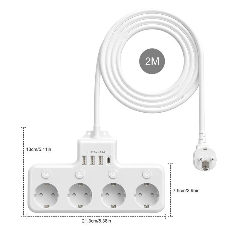 Power Strip with USB C 4-Way Power Strip Individually Switchable