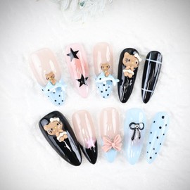 Yazikisa Almond Press on Nails Handmade Medium Long Fake Gel Nail False French Tips Y2K 3D Cat Bow Designs Cute Artificial Fingernail Glue on Manicure Art Black 10 Pcs (M)