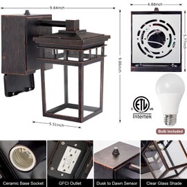 Dusk to Dawn Outdoor Wall Lighting with Outlet,Porch Light with GFCI Outlet Built in,Anti-Rust Alunmium Outdoor Wall Lantern with Clear Glass Shade,Outdoor Light for House Garage, Bulb Included(Brown)