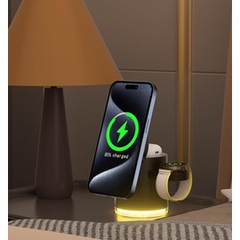 Apples Approved 3 in 1 Qi2 Certified Fast Charging Station, Qi2 15W Wireless Charger with Mushroom Lamp Compatible with iPhone12-16 Series, iWatches and Airpods