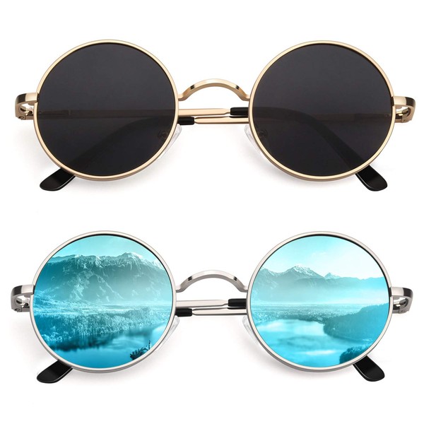 CGID E01 anteojos de sol unisex polarizadas redondas con funda, paquete de regalo, 3 tamaños, Un marco dorado lente gris y marco plateado lente azul espejo, S