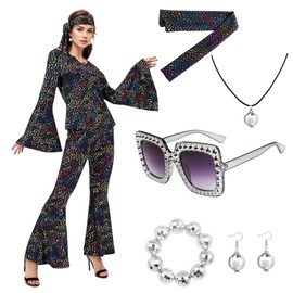 Antsparty 70s Disco Costume for Women, 70s Fancy Dress Outfit with Glasses Necklaces Bracelet, Ladies Sparkly Disco Jumpsuit for 1970s Disco Theme Party