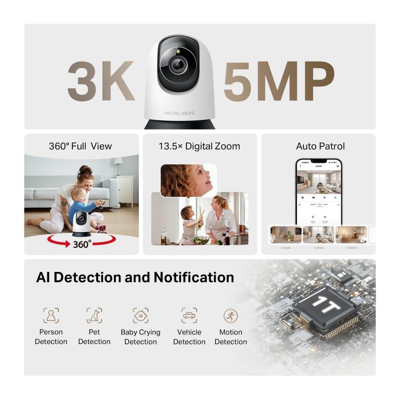 MERCUSYS MC230 3K 5MP Indoor Camera,360°Security Camera, AI Detection Cameras