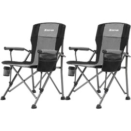 XGEAR Camping Chair Hard Arm High Back Lawn Chair Heavy Duty with Cup Holder, for Camp, Fishing, Hiking, Outdoor, Carry Bag Included (Gray 2chairs)