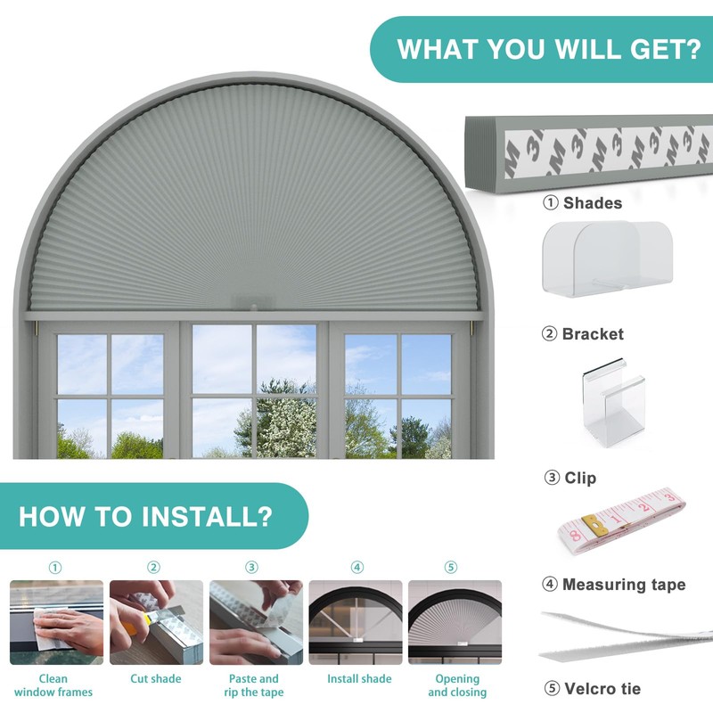Changshade Arch Window Shades Blackout,Half Moon(Radius:36") Blackout Pleated Window Shades,