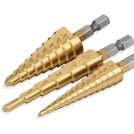 Bestgle 3 Pcs Step Drill Bits 1/4" Hex Shank SAE Quick Change HSS Titanium Coated Imperial Spiral Grooved Step Cone Shaped Drill Bit Set DIY Tools for Wood, Plastic, Steel, Aluminum, PV