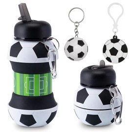 OPVXZAD Trinkflasche Fussball Kinderflasche 550 ml Faltbare Wasserflasche aus Silikon,Kinder-Sport Football Trinkflasche mit Karabiner Fußball Schlüsselanhänger (Schwarz Weiß)