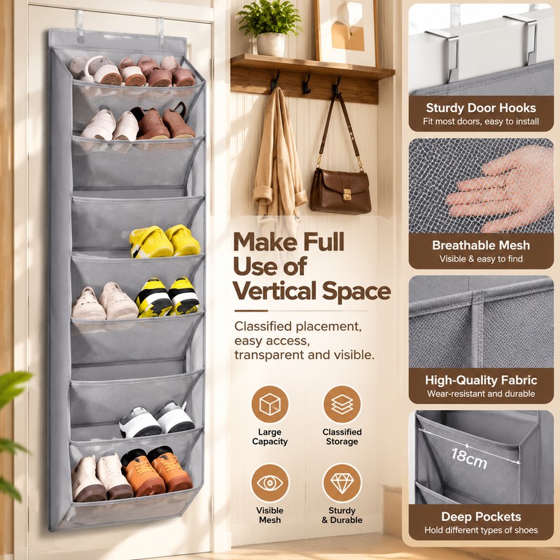Over-the-Door Shoe Organizer with Deep Pockets – 6-Layer Hanging Shoe