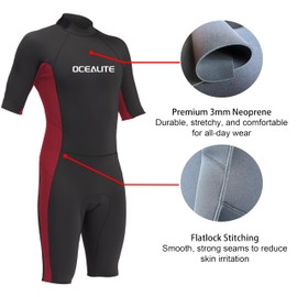 Ocealite Men's 3mm Shorty Wetsuit Neoprene Back Zip Diving Suit Flatlock Stitch Lightweight Surfing Snorkeling Paddleboarding Swim Suit with Lycra Trim Key Pocket (Mens 3mm Red, Medium)