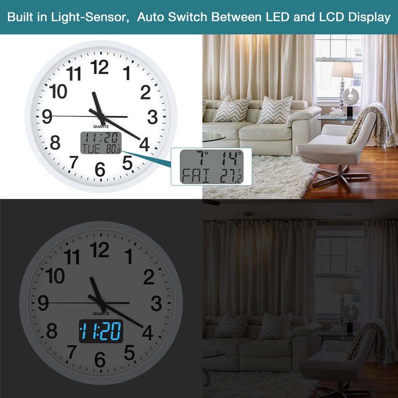 Wall Clock, 12 Inch Analog Clock with LED Digital Clock/LCD