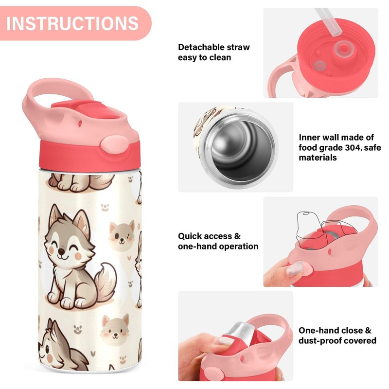Kinder-Wasserflasche mit Strohhalm, 350 ml, niedlicher Wolfshund, Edelstahl, isoliert, Kleinkindbecher,