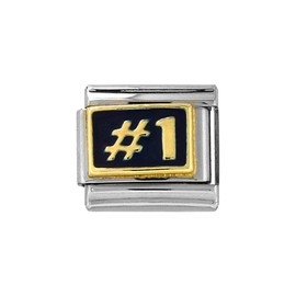 Sabrina Silver Stainless Steel 18k Gold Italian Charm Bracelet Link Number 1 Charm 9mm Blue Enamel