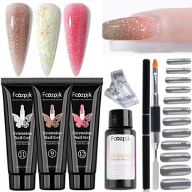 Fcozpjk Poly Gel Nail Kit 3 Colors Wine Red Brown Poly Gel With Chunky Glitter Iridescent Builder Gel Nail Kit Slip Solution Dual Nail forms Nail Clips for Poly Gel Nail Starter Kit Home Manicure