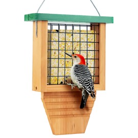 Gbekery Wooden Suet Bird Feeder for Outside Hanging, Woodpecker Suet Feeder with Tail Prop, Hanging Bird Feeder for Wild Birds, 1 Pack, Green