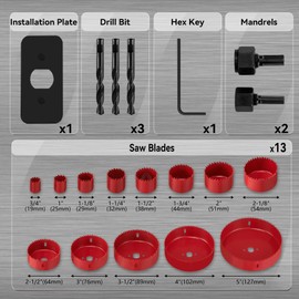 KATA Hole Saw Set, 20 Pieces Hole Saw Kit with 3/4"-6"(19-152mm) 13PCS Saw Blades, 2 Mandrels, 3 Drill Bits, 1 Installation Plate, 1 Hex Key with Case, Ideal for Soft Wood, PVC, Plywood, Drywall, Red