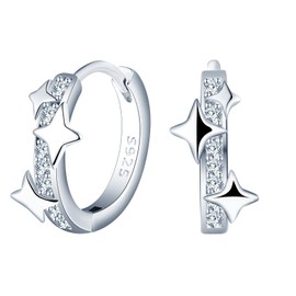 MICMIF Silver Star Cubic Zirconia Hoop Earrings for Women Girls, Hypoallergenic 925 Sterling Silver Stars Tiny Small Huggie Hoop Earrings Helix Cartilage Dainty Hoops Earrings