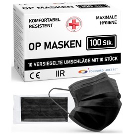 ADESTE – 100x schwarze Einweg OP Masken Typ IIR, 3-lagig, spritzwassergeschützt, konform mit UNI EN 14683:2019+AC:2019, BFE >98%