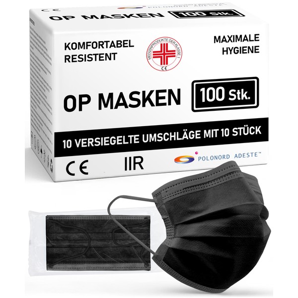 ADESTE – 100x schwarze Einweg OP Masken Typ IIR, 3-lagig,