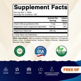 Vitamatic Vitamatic Magnesium Glycinate 500mg per Tablet - 180 Vegetarian Tablets (Uncoated) - Added B6 for Maximum Absorption - Supports Muscle, Joint, and Heart Health*