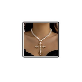 Dishowme Crystal Pearl Cross Necklace Punk Faux Pearl Pendant Necklace Chain Vintage Rhinestone Crucifix Jewelry for Women (Gold)
