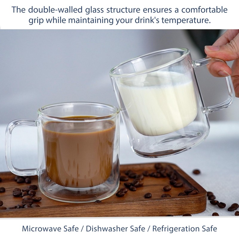 Aquach 2-Pack Double Walled Insulated 8oz Glass Coffee Mugs with