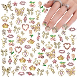 COOSLIM 30 Pcs 3D Y2K Nail Charms, Pink Cross Butterfly Star Cherry Heart Crown Nail Gems Charms, Bows Planet Nail Art Charms Rhinestones for Nail Art Design DIY Accessories C