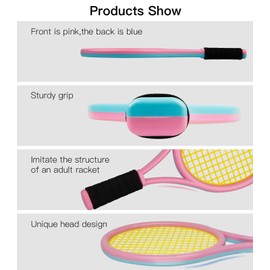 Crefotu Kids Tennis Racket,17 Inch Plastic Tennis Racket with 2 Soft Balls,2 Tennis Balls and 4 Shuttlecocks for Kid,Toddler Outdoor/Indoor Sport Play (Pink&Blue)