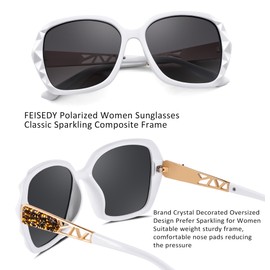 FEISEDY B2289 Women's Polarised Classic Large Sunglasses with Rhinestone Frame and UV400 Protection, White