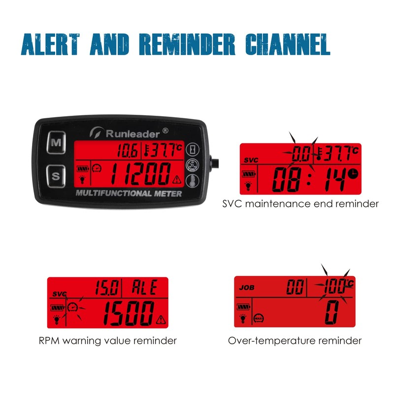 Runleader Digital Tach Hour Meter,Engine Temperature Gauge,Alert RPM & Temp,Backlights