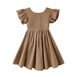 Dutebare Kid Little Girl Ruffle Dress Cotton Linen Backless Casual Summer Dresses 823 Brown 90