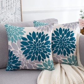 Set of 2 Sofa Cushion Covers Blue Green and Grey Geometric Flower Linen Cushion Covers 40 x 40 cm Cushion Cover Abstract Cushion Covers Summer Decor for Living Room Couch Indoor Garden