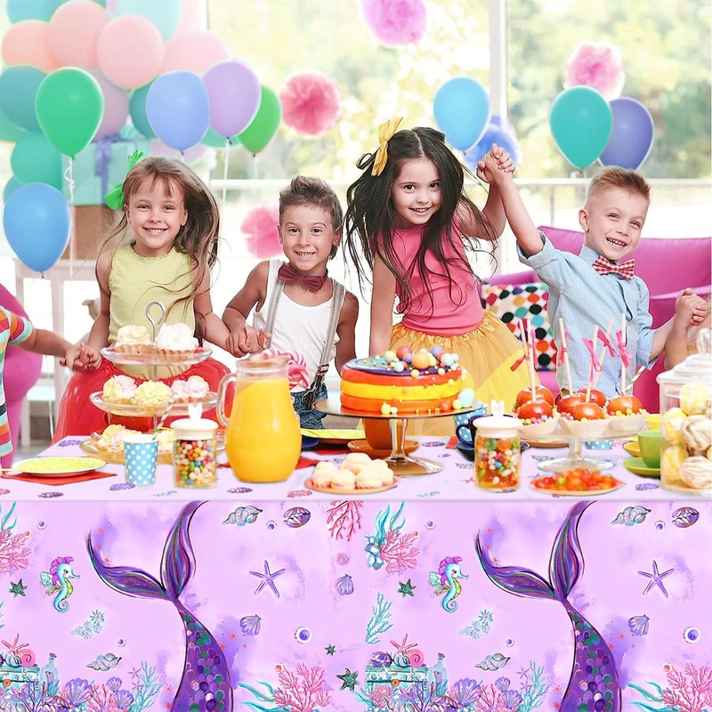 Mermaid Tablecloth - 3PCs, Purple w/ Mermaid Design - Birthday/Baby