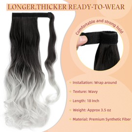 Felendy 18" Ponytail Extension Curly Wavy Clip in Hairpiece Wrap Around Long Pony Tails Hair Extensions Synthetic for Women Black To Silver Grey