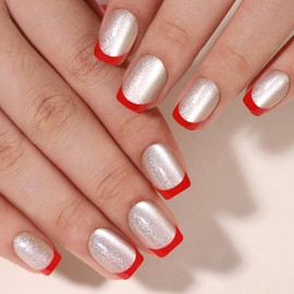 RTKHFZE French Tip Press On Nails Square - Press on Nails Short,Short Soft Gel Nail Tip Glue on Nails for Women,Natural Fit Reusable Stick On Nails in 16 Sizes - 32 False Nails Kit,Cat Eye Tip Red