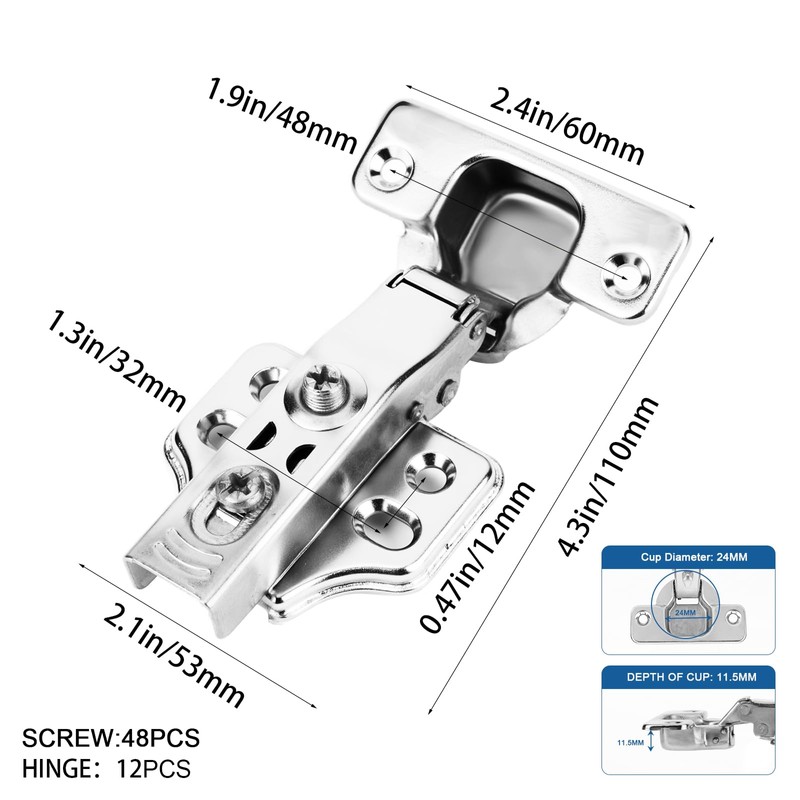 12 Pcs Cabinet Hinges with 48 Screws, Full Overlay Concealed