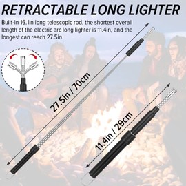 Flahonka Electric Arc Long Lighter, Retractable Rechargeable Lighter, 11.4-27.5in, Black