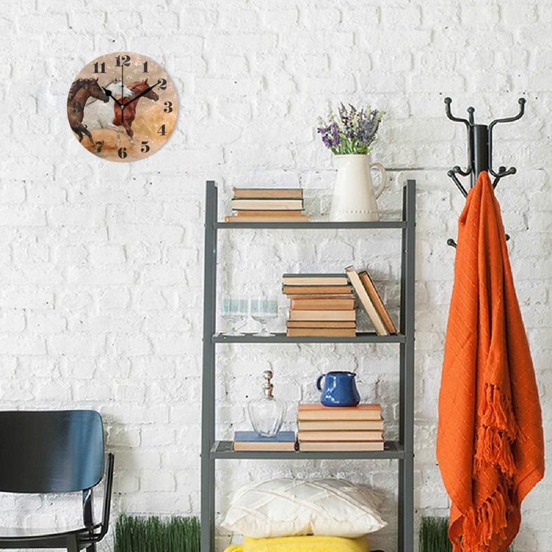 Mnsruu Wall Clock Silent Non Ticking, Round Running Horses Art