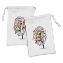 Ambesonne Tree of Life Fabric Pouch Set of 2, Colorful Tree with Lines and Heart Leaves Love Life Celebration Art, Small Drawstring Bag for Toiletries Masks and Favors, 9" x 6", Multicolor