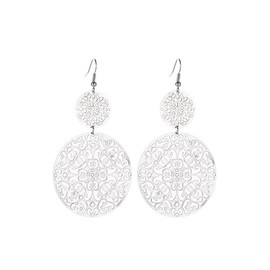 coadipress Boho Filigree Hollow Out Geometric Dangle Drop Earrings for Women Retro Double Round Disc Statement Metallic Cutout Metal Flower Large Earrings Ethnic Style Jewelry Gifts (Silver)