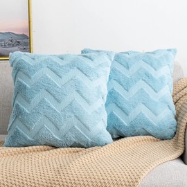 Yamonic Cushion Cover, Set of 2 Short Wool Throw Pillow Case With W Plush,Decorative Fluffy Soft Velvet Cushion Cover, Elegant Home Decoration for Sofa Bedroom Couch,Light Blue,20"x20"